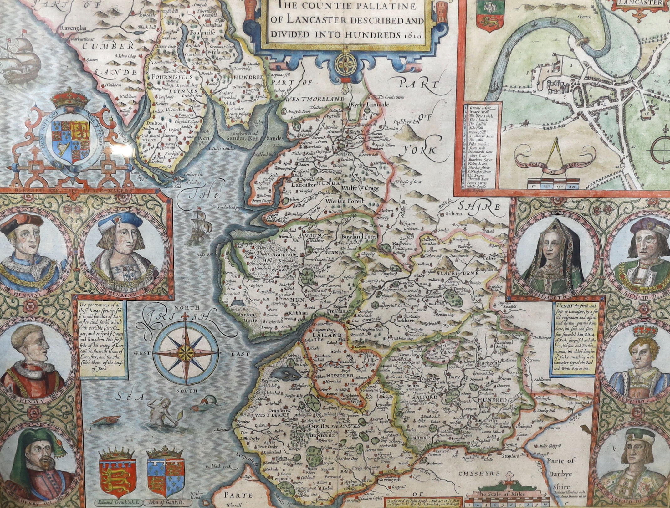 After John Speed (1552-1629), hand-coloured engraved map, ‘The Countie Palletine of Lancaster Described and Divided into Hundreds’, 1610, text verso, 53 x 40cm